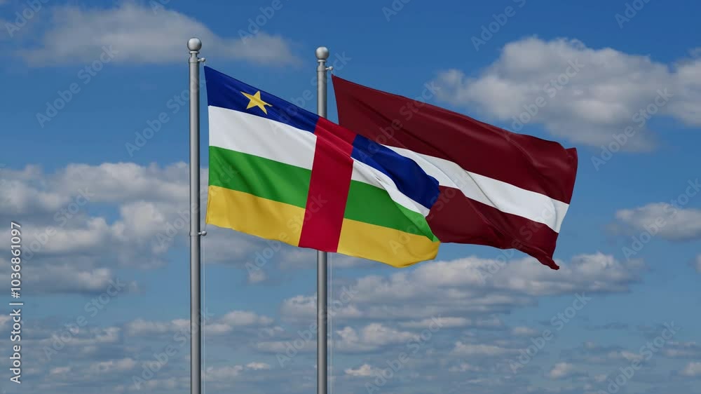 Latvia and Central African Republic flags flying together, video concept of the relationship, two country cooperation concept Latvia and Central African Republic flags flying together, video concept of the relationship, two country cooperation concept