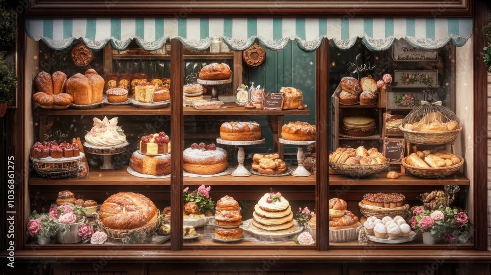 A charming bakery window filled with an array of freshly baked goods, including pastries, bread, and cakes. A charming bakery window filled with an array of freshly baked goods, including pastries, bread, and cakes.