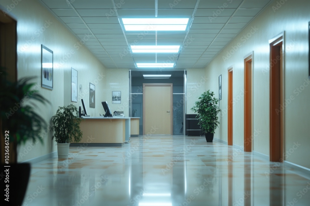 A long hallway with a potted plant, perfect for interior design or architecture images A long hallway with a potted plant, perfect for interior design or architecture images