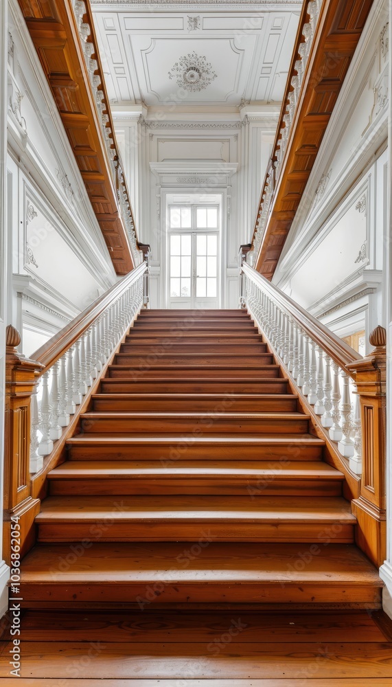 Grand Staircase in a Historic Mansion with Ornate Moldings and a Window Grand Staircase in a Historic Mansion with Ornate Moldings and a Window