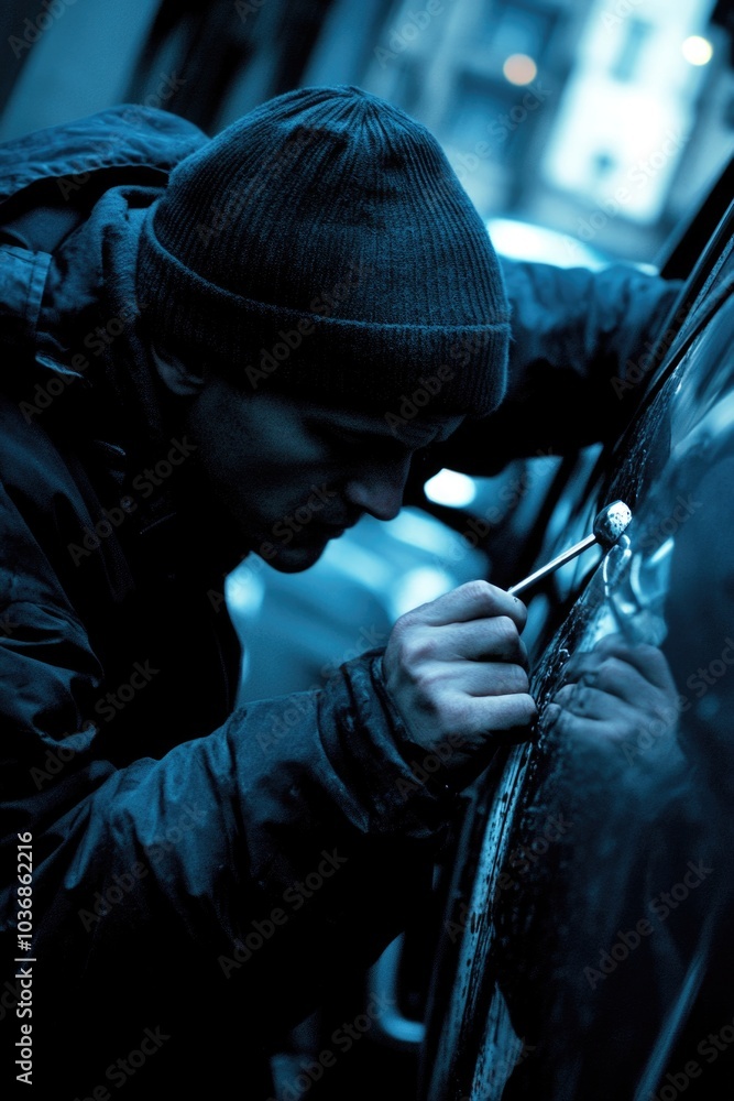 A person fixes a car window while wearing a beanie A person fixes a car window while wearing a beanie