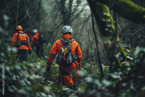 A group of people walking together through a dense forest