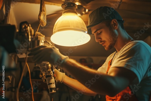 A person tinkering with a lamp in a home workshop setting photo