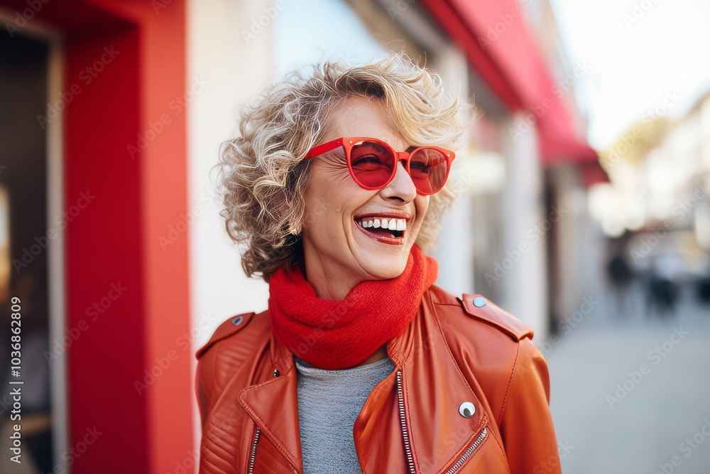 Portrait of happy senior woman in red sunglasses on the street. Portrait of happy senior woman in red sunglasses on the street.