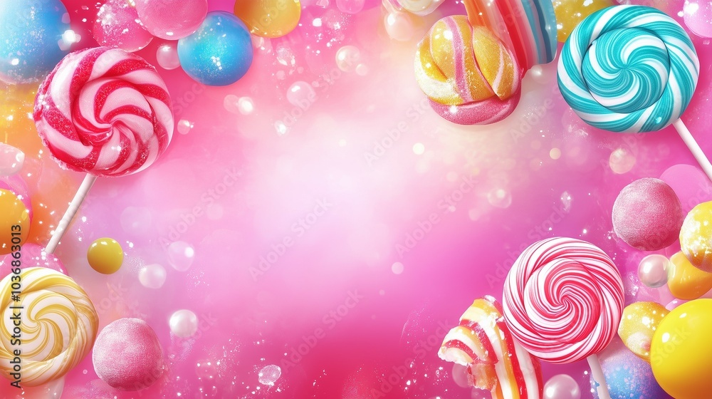 Vibrant candy explosion with colorful lollipops and sweets on a pink background, festive confectionery scene Vibrant candy explosion with colorful lollipops and sweets on a pink background, festive confectionery scene