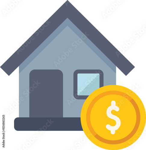 Simple icon of a house with a large golden coin, representing real estate investment, mortgage and property ownership