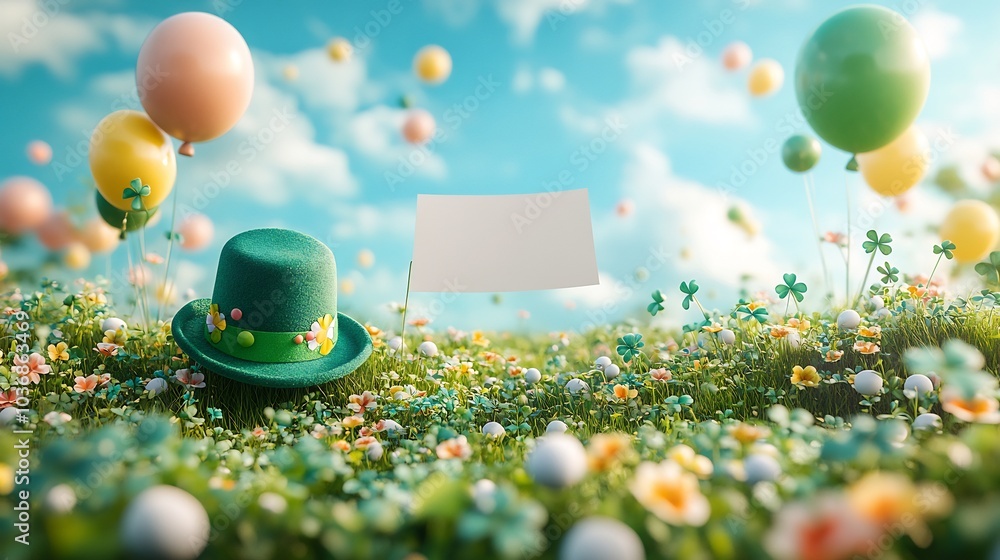 Festive arrangement featuring blank paper banner surrounded by delicate shamrocks a playful St Patrick's Day hat and colorful balloons drifting softly against a bright sky Festive arrangement featuring blank paper banner surrounded by delicate shamrocks a playful St Patrick's Day hat and colorful balloons drifting softly against a bright sky