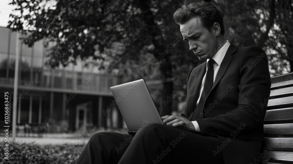 Deep in Thought: Businessman on Laptop in Park Deep in Thought: Businessman on Laptop in Park