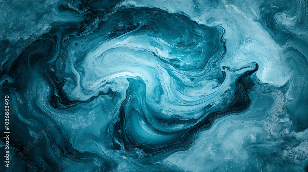 Obraz premium An abstract swirling pattern in shades of teal and navy, resembling a mystical ocean whirlpool with intricate textures and fluid shapes.