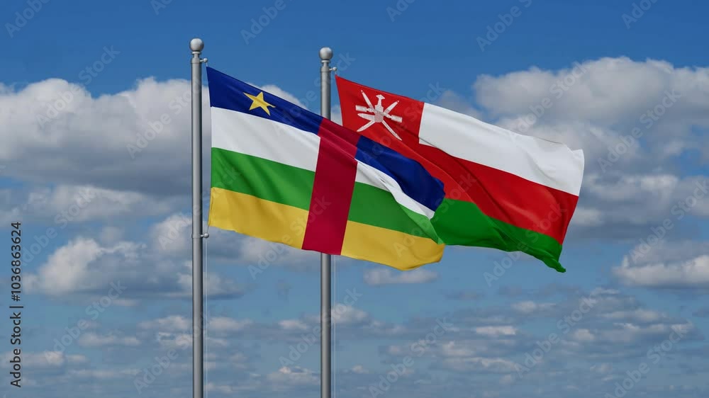Oman and Central African Republic flags flying together, video concept of the relationship, two country cooperation concept Oman and Central African Republic flags flying together, video concept of the relationship, two country cooperation concept