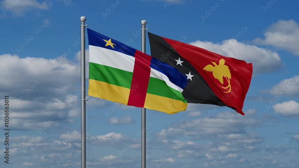 Papua New Guinea and Central African Republic flags flying together, video concept of the relationship, two country relations concept Papua New Guinea and Central African Republic flags flying together, video concept of the relationship, two country relations concept