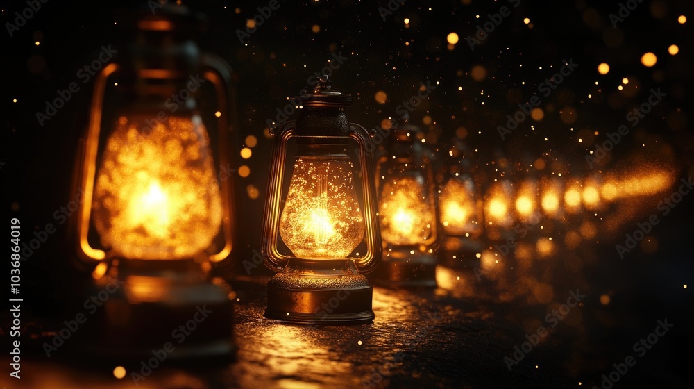 A glowing row of oil lamps casting warm light against a dark background with sparkles in the air A glowing row of oil lamps casting warm light against a dark background with sparkles in the air