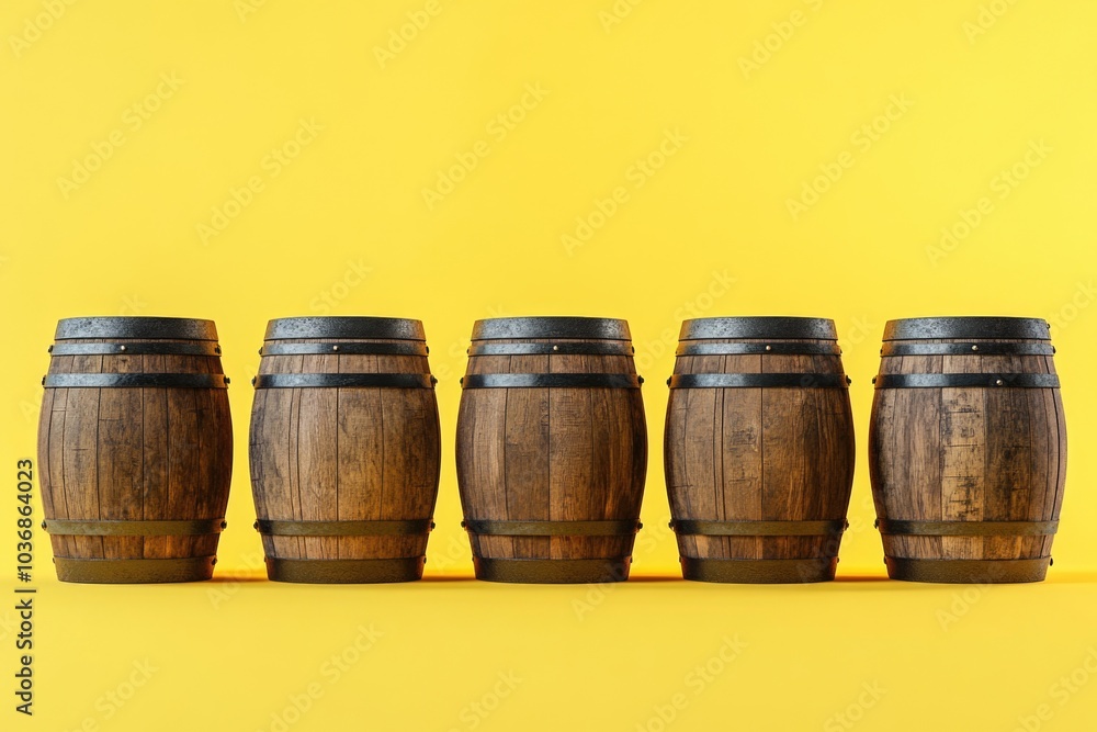 A collection of wooden barrels placed on a bright yellow surface, ideal for use in food or agriculture-themed designs A collection of wooden barrels placed on a bright yellow surface, ideal for use in food or agriculture-themed designs