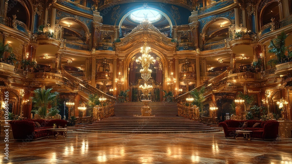Opulent grand hall with ornate architecture. Opulent grand hall with ornate architecture.