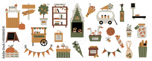 Eco friendly shopping market autumn doodle cartoon style, ice cream stand cartoon truck. Flea bookshelf isolated set collection on white.