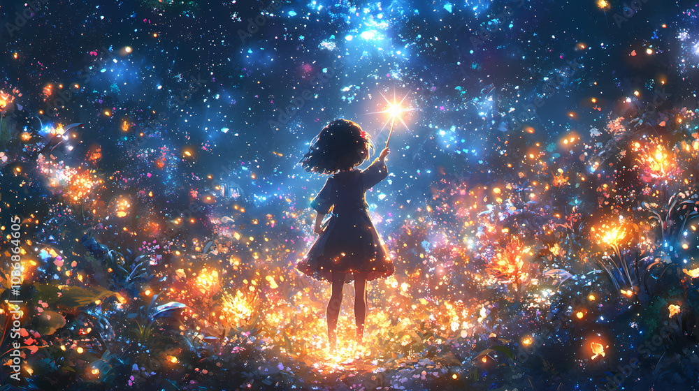 Naklejka premium Enchanted Kawaii Magical Girl – Magical Forest with Sparkling Lights and Creatures
