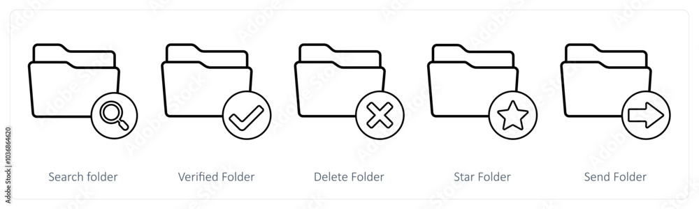 A set of 5 folder icons as search folder, verified folder, delete folder A set of 5 folder icons as search folder, verified folder, delete folder