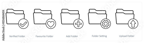 A set of 5 folder icons as verified folder, favorite folder, add folder