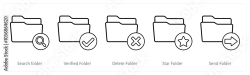 A set of 5 folder icons as search folder, verified folder, delete folder