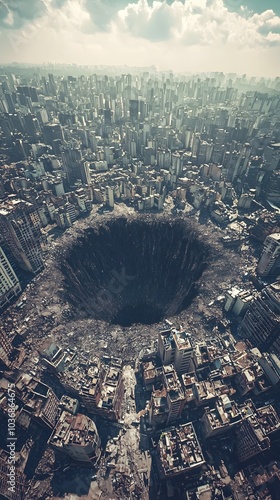 Sinking City Skyscrapers Swallowed by Massive Sinkholes Symbolizing Earth s Collapse photo