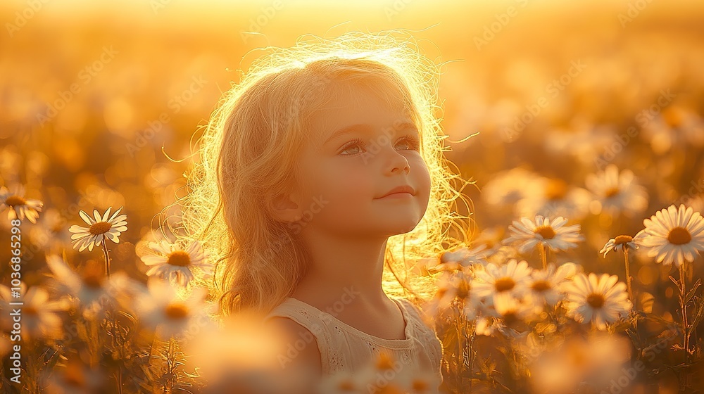 Fototapeta premium A silhouette of a child exploring a field of wildflowers, symbolizing childhood wonder and the beauty of nature.