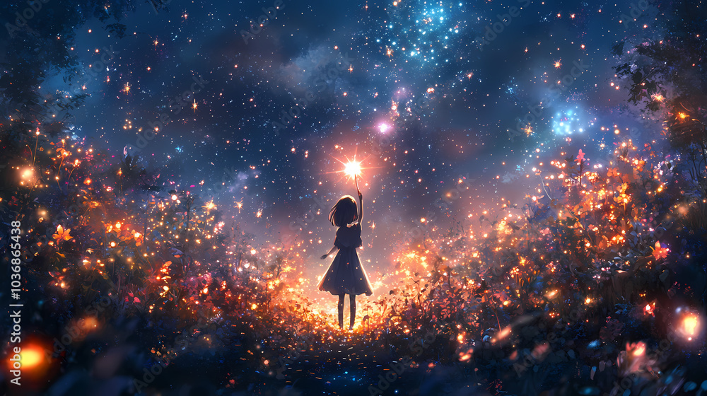 Fototapeta premium Enchanted Kawaii Magical Girl – Magical Forest with Sparkling Lights and Creatures