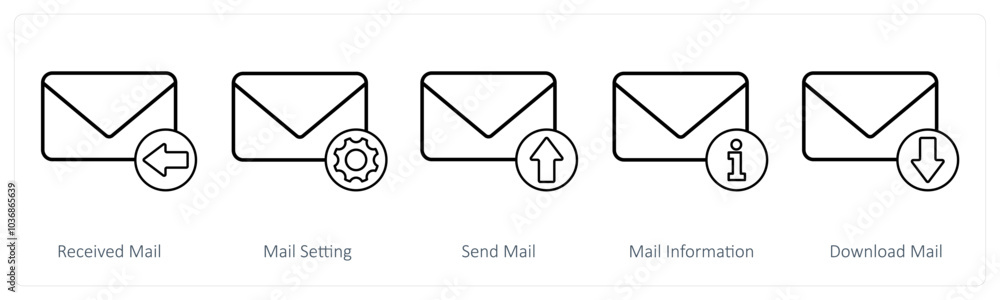 A set of 5 mail icons as received mail, mail setting, send mail A set of 5 mail icons as received mail, mail setting, send mail