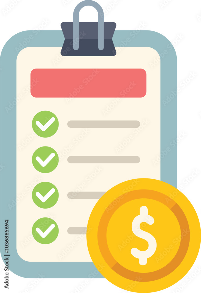 This vector illustration shows a clipboard with a completed checklist and a dollar coin, depicting the concept of financial success This vector illustration shows a clipboard with a completed checklist and a dollar coin, depicting the concept of financial success