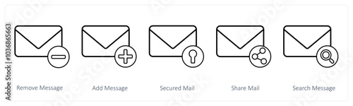A set of 5 mail icons as remove message, add message, secured mail