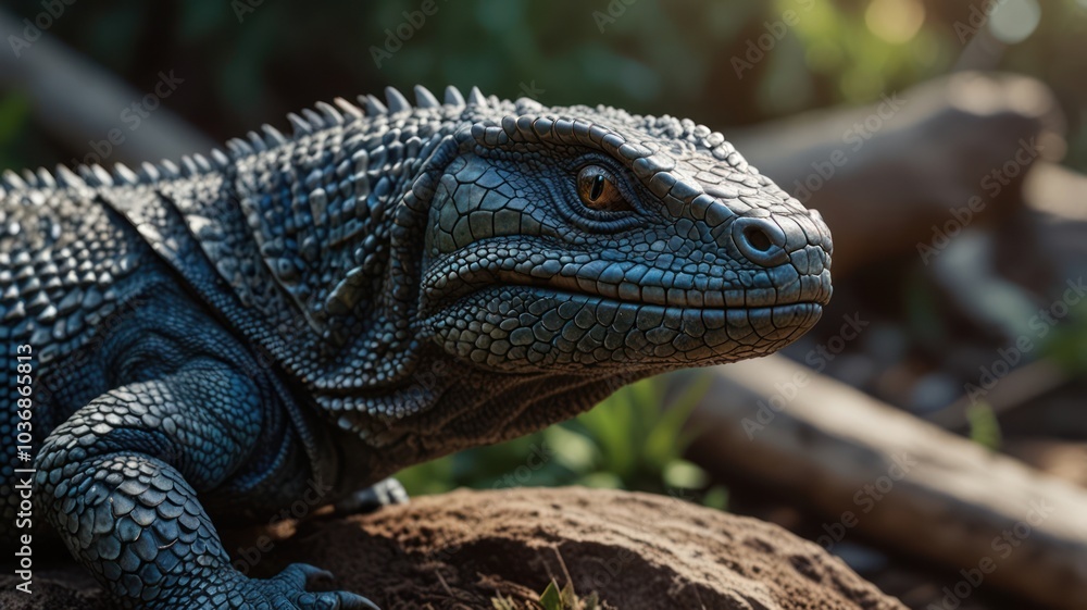 Fototapeta premium A close-up of a black iguana lizard with a sharp focus on its eye, looking towards the right. The lizard is perched on a rock with blurred foliage in the background.