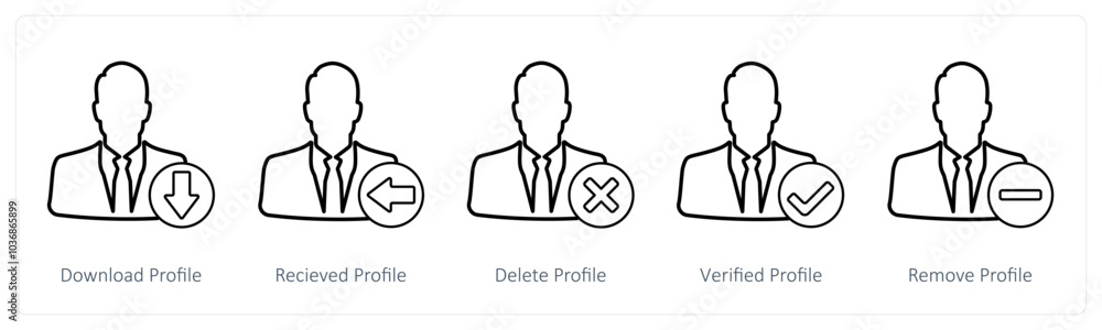 A set of 5 profile icons as download profile, receive profile, delete profile A set of 5 profile icons as download profile, receive profile, delete profile