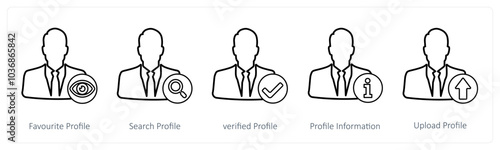 A set of 5 profile icons as favorite profile, search profile, verified profile