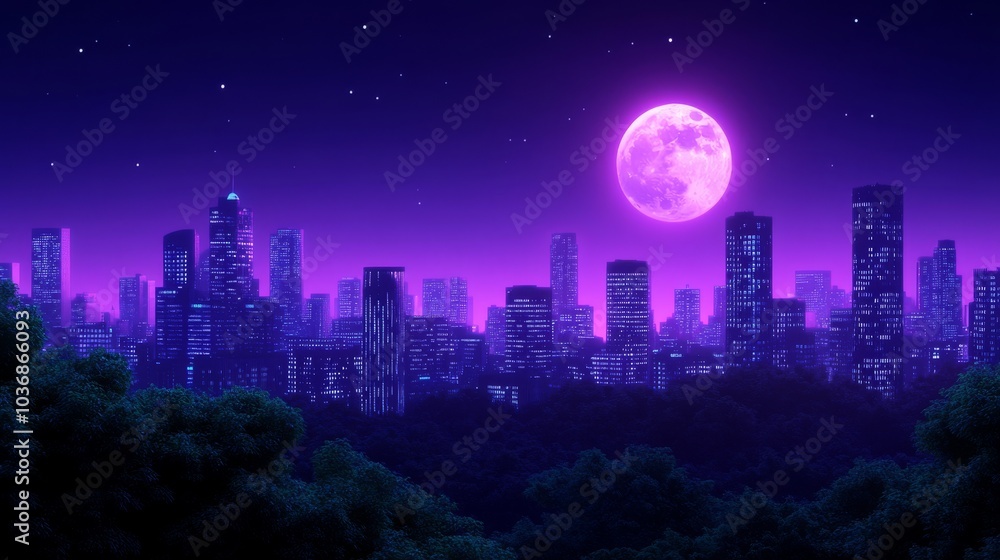 Dramatic Night View of Cityscape Under a Pink Moon, Fantasy Atmosphere, Urban Landscape. Generative AI Dramatic Night View of Cityscape Under a Pink Moon, Fantasy Atmosphere, Urban Landscape. Generative AI