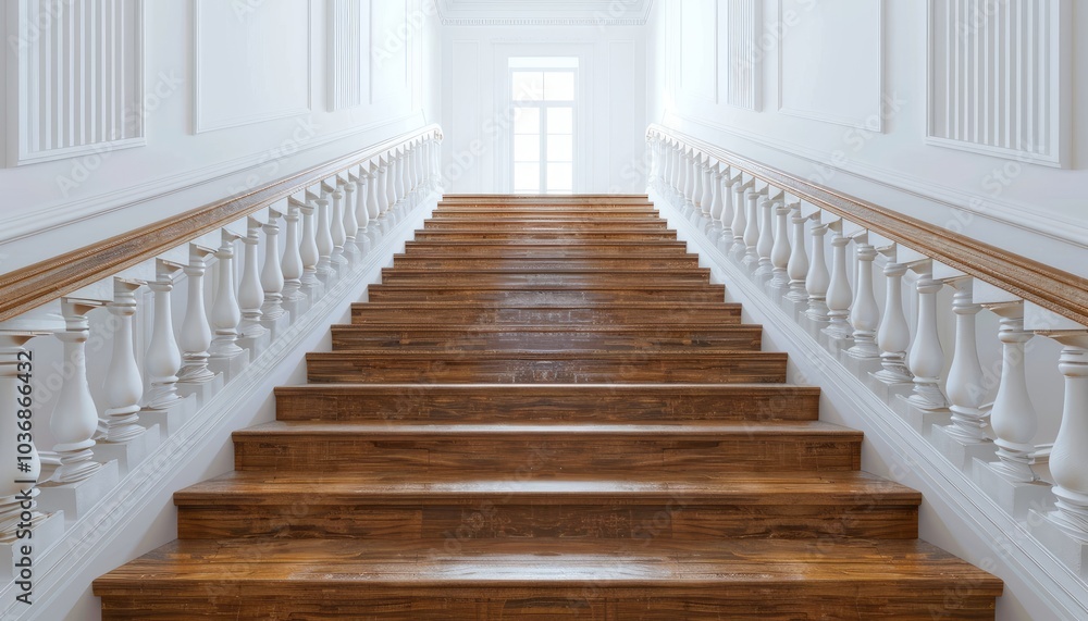 Fototapeta premium Wooden Staircase with White Handrails in a White Room