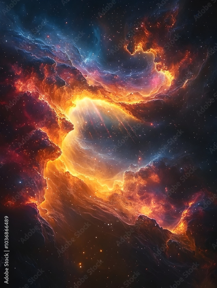 A stunning galactic nebula showcasing vibrant colors of orange, blue, and purple, creating a breathtaking cosmic scene. The luminous core shines amidst swirling clouds of gas. A stunning galactic nebula showcasing vibrant colors of orange, blue, and purple, creating a breathtaking cosmic scene. The luminous core shines amidst swirling clouds of gas.