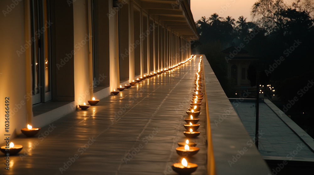Beautifully Lit Diyas on Balcony for Diwali Celebration Beautifully Lit Diyas on Balcony for Diwali Celebration
