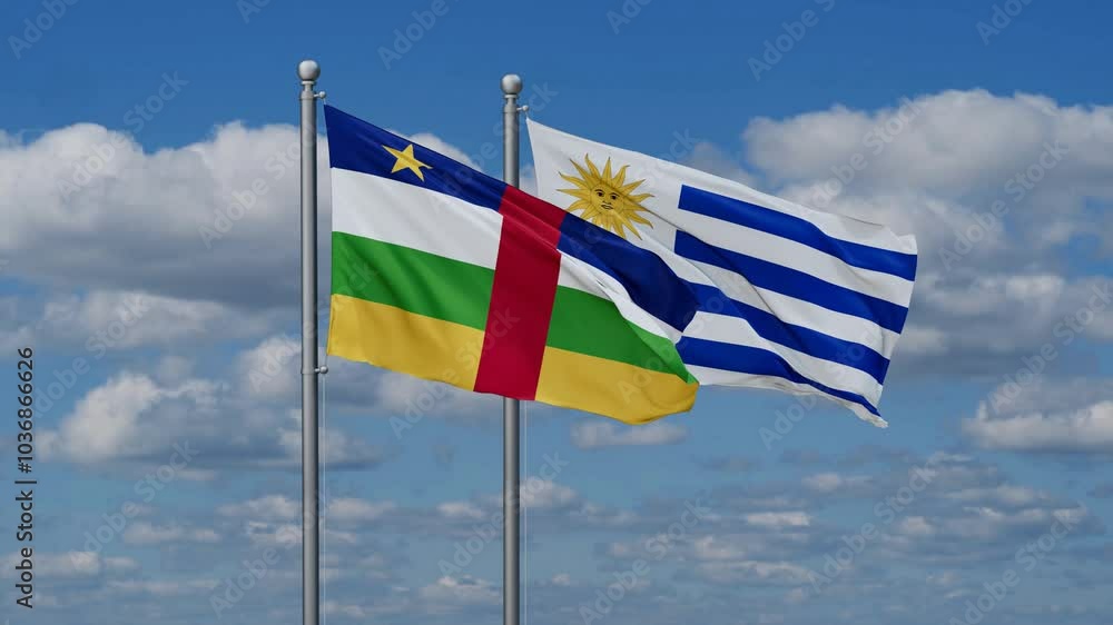 Uruguay and Central African Republic flags flying together, video concept of the relationship, two country relations concept Uruguay and Central African Republic flags flying together, video concept of the relationship, two country relations concept