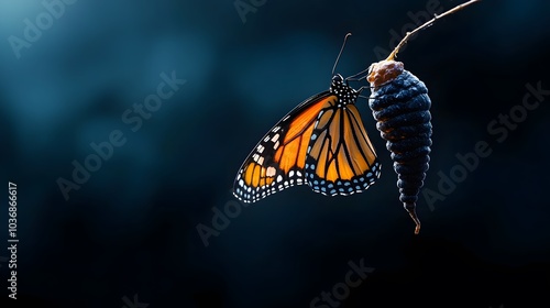 A Beautiful Monarch Butterfly Emerges from a Chrysalis, Symbolizing Transformation and Freedom. New Beginnings Concept photo