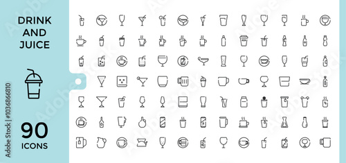 Drinks and juice web line icons set. outline thin icons such as ice tea, orange juice, martini, soft drink, lime rickey drink, beverage and more. Editable and pixel perfect vector illustration.