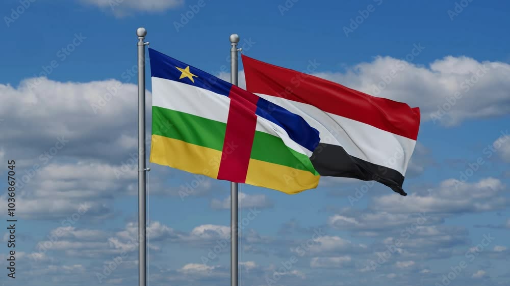 Yemen and Central African Republic flags flying together, video concept of the relationship, two country cooperation concept Yemen and Central African Republic flags flying together, video concept of the relationship, two country cooperation concept