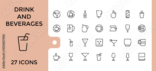 Drinks and beverages web line icons set. Collection of such as orange juice, soft drink, lime rickey drink, beverage and more. Editable and pixel perfect vector illustration.