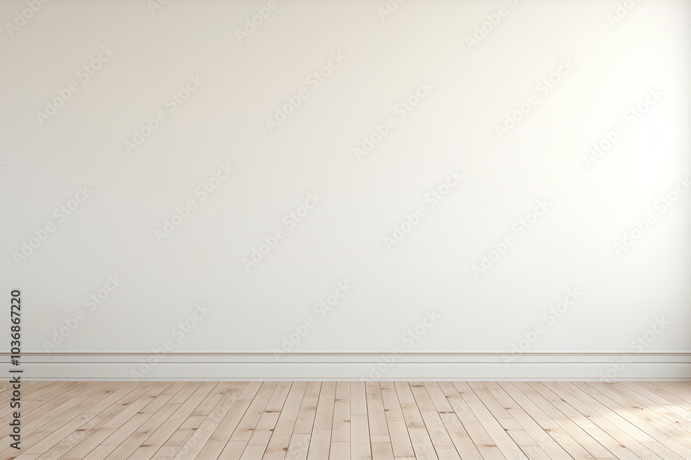 An empty creamy white wall background with stunning wooden floor. (Generative AI) An empty creamy white wall background with stunning wooden floor. (Generative AI)