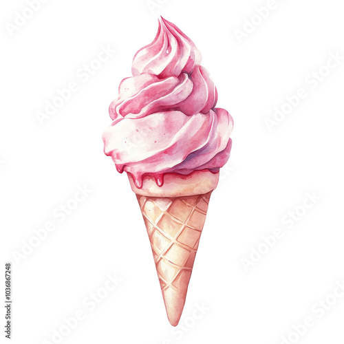 Realistic cute watercolor ice cream cone with pink swirls on a bright transparent background, Realistic cute cartoon ice cream on transparent background