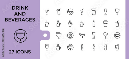 Drinks and beverages web line icons set. Collection of such as orange juice, soft drink, lime rickey drink, beverage and more. Editable and pixel perfect vector illustration.