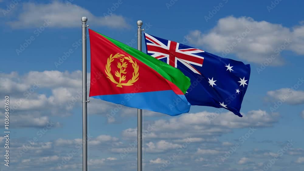 Australia and Eritrea flags flying together, video concept of the relationship, two country cooperation concept Australia and Eritrea flags flying together, video concept of the relationship, two country cooperation concept