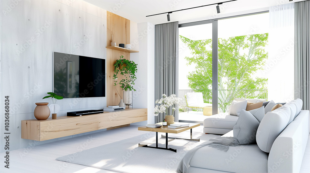 Naklejka premium Living room with modern interior design featuring natural light and stylish decor