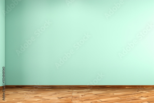 An empty, mint green wall with a stunning wooden floor. (Generative AI)