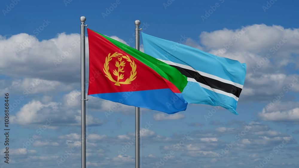 Botswana and Eritrea flags flying together, video concept of the relationship, two country relations concept Botswana and Eritrea flags flying together, video concept of the relationship, two country relations concept