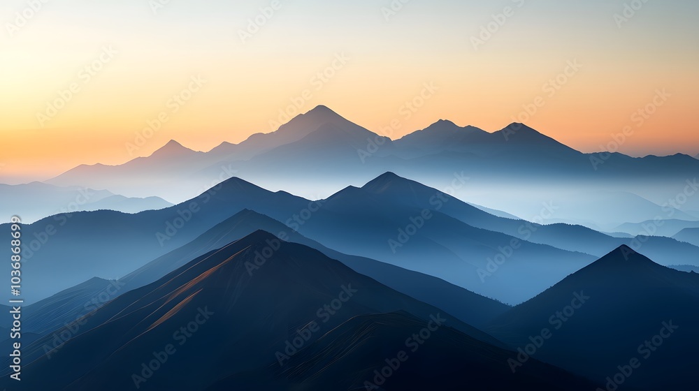 Tranquil Sunrise Over Majestic Mountain Range Evoking Serenity and New Beginnings in Nature. New Beginnings Concept Tranquil Sunrise Over Majestic Mountain Range Evoking Serenity and New Beginnings in Nature. New Beginnings Concept