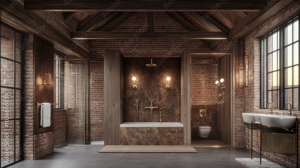 Elegant Modern Bathroom with Rustic Brick and Wood Elements Elegant Modern Bathroom with Rustic Brick and Wood Elements